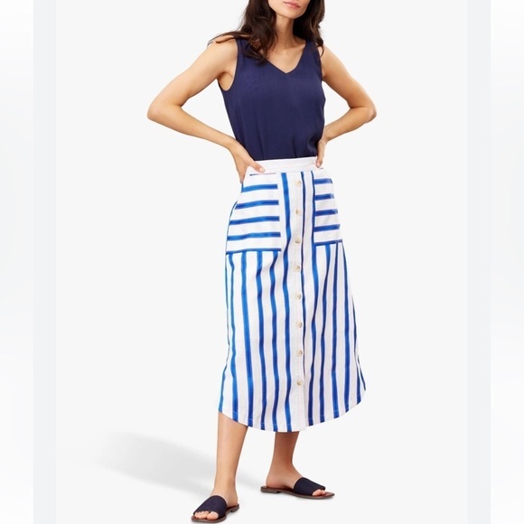 JOULES Orielle Linen Blend Midi Skirt White Blue Stripe NEW Coastal Size 2 - Picture 16 of 16